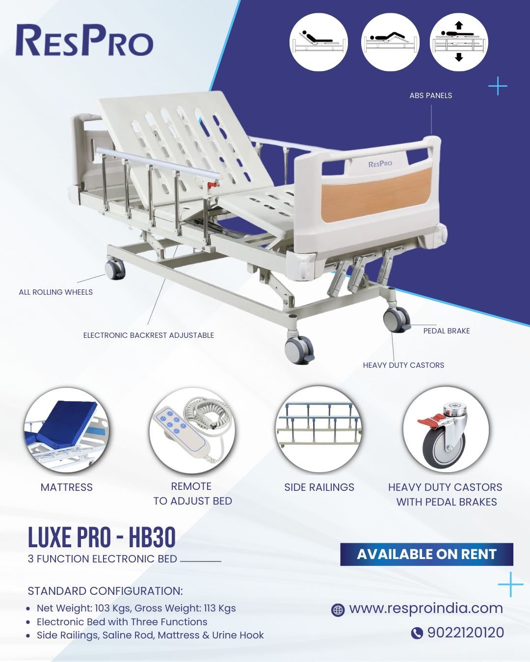 ResPro HB30 3 Function Electric ICU Hospital Bed | Automatic Motorized Adjustable Bed 2 - Image 4